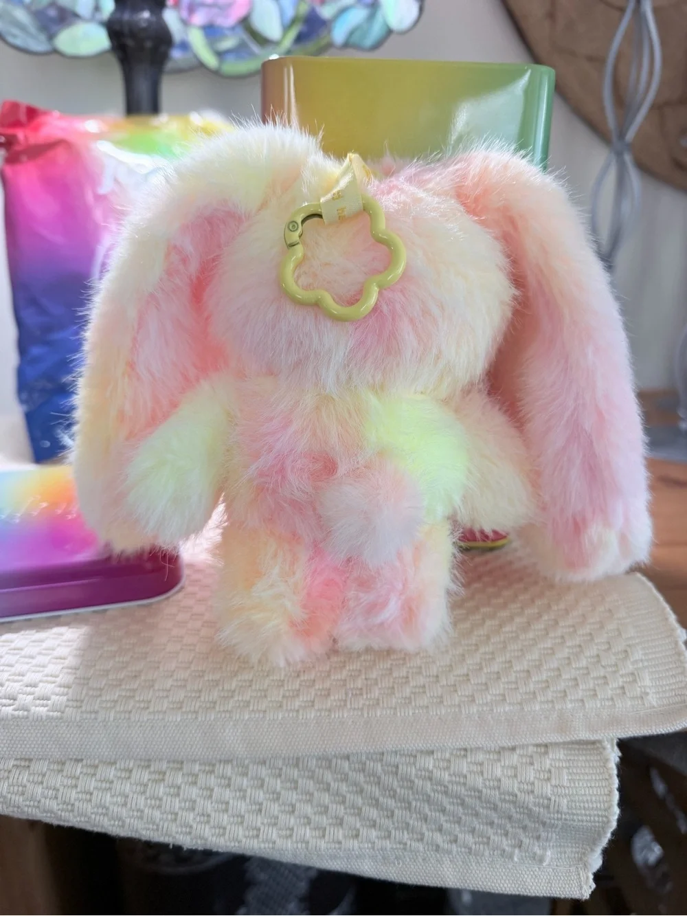 JuJu Plush Bunny Keychain - Pink, Yellow & Cream Fuzzy Charm